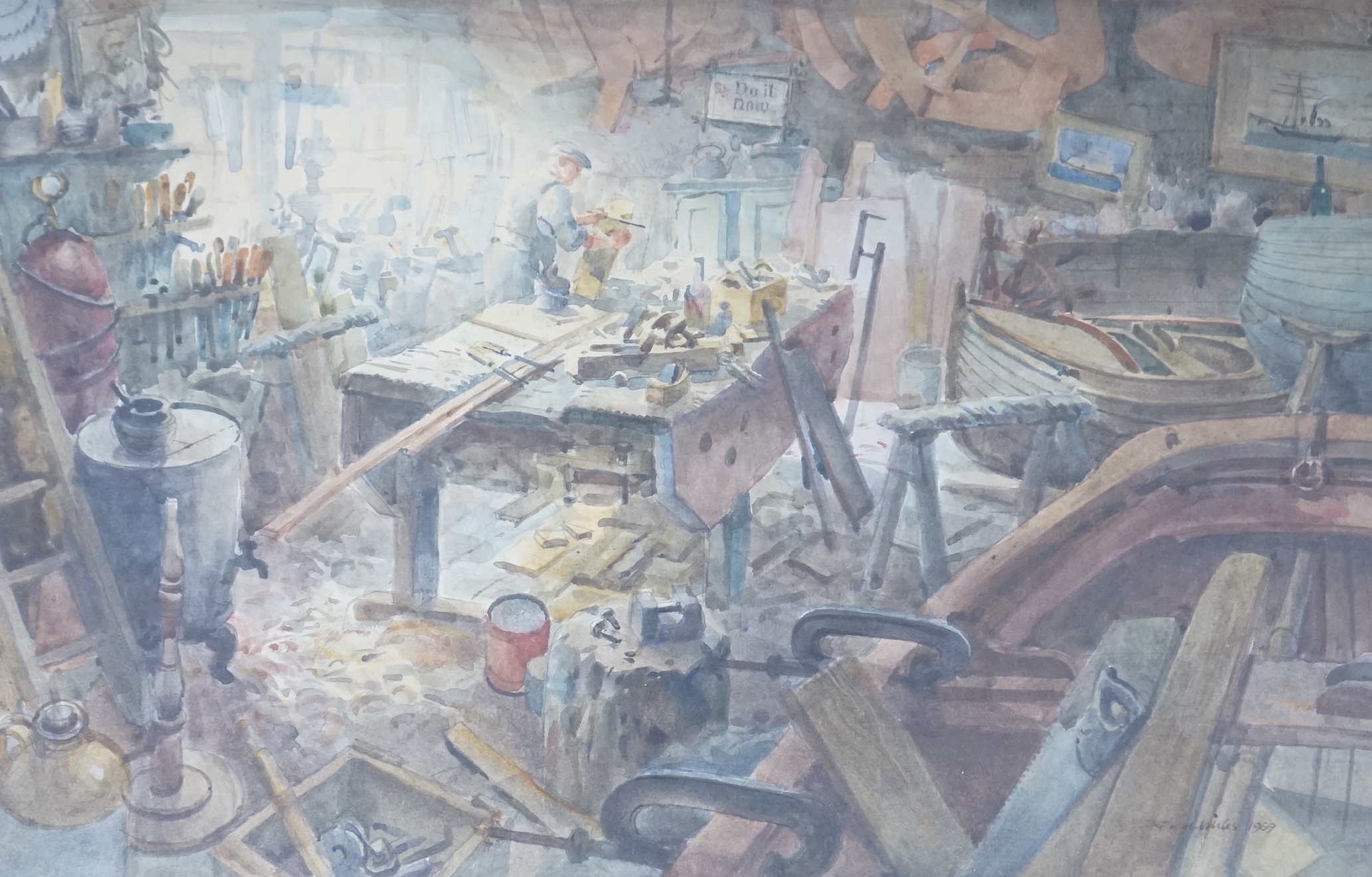 Arthur Miles (1905-1987), watercolour, 'The Workshop', signed and dated 1969, 31 x 46.5cm