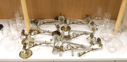 Seven F&C Osler Gothic style glass and brass wall lights and shades, 32cm deep