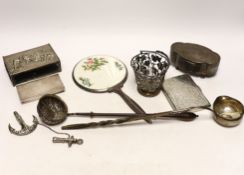 A group of assorted silver and white metal items including a George V trinket box, cigarette case,