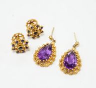 Two pairs of yellow metal and gem set earrings including amethyst pear cut, 21mm, gross weight 12