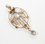 A 1960's Edwardian style 9ct gold and gem set drop pendant, 40mm, gross weight 2.5 grams.