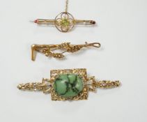 A modern 9ct gold, turquoise and diamond set bar brooch, 69mm and two Edwardian 9ct and gem set