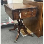 A Regency ebony strung mahogany drop flap two drawer work table, width 45cm, depth 64cm, height