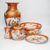 A group of Japanese Kutani porcelain wares including two bowls and a large vase, largest 34cm high
