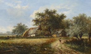 Joseph Thors (Dutch, 1843-1898), oil on canvas, Cornfields before thatched cottages, signed, 24 x