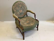 A George III style mahogany elbow chair, with tapestry back and seat, width 66cm, depth 60cm, height