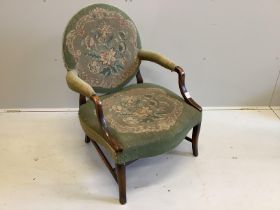 A George III style mahogany elbow chair, with tapestry back and seat, width 66cm, depth 60cm, height