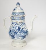 A late 18th century blue and white pearlware coffee pot and cover, 22cm high
