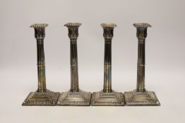 A set of four late Victorian silver cluster column candlesticks, Atkin Brothers, Sheffield, 1894,