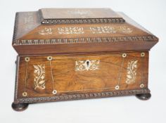 A William IV mother of pearl inlaid rosewood jewellery casket, 30cm wide