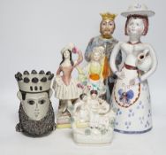 A Maiolica figure of a king and 4 other items including Staffordshire