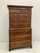 A George III feather banded oak chest on chest, width 102cm, depth 58cm, height 181cm