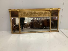 A Regency triple plate gilt-framed overmantel mirror with painted panels, width 150cm, height 74cm