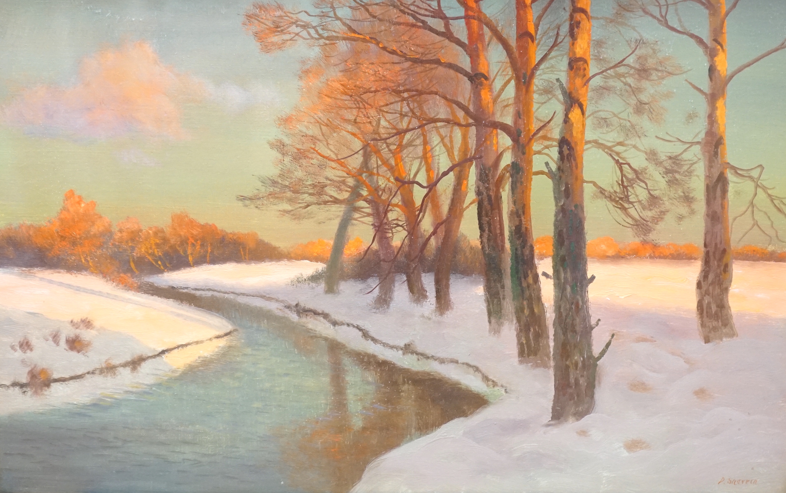 Daniel Sherrin (1868-1940), oil on canvas, Winter riverscape, signed, plaque to the frame