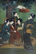 A Chinese reverse glass painted panel, ladies wearing kimonos, 64 x 44cm