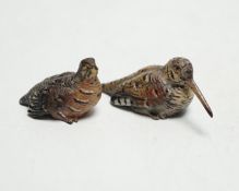 * * Two miniature Austrian cold painted bronze models of a snipe and partridge, longest 5cm Please