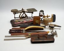 A set of letter scales and weights and mixed collectibles