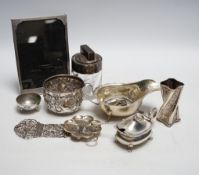 Assorted small silver including pair of silver sauceboats, a small jug and vase, a salts bottle,