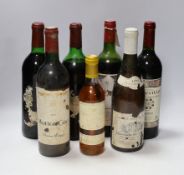 A half bottle of Chateau d'Yquem, 1988, a bottle of Chassagne Montrachet, 1992 and five assorted red