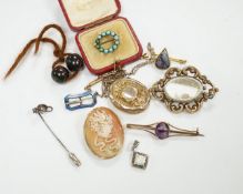 Three antique brooches, including a mourning brooch and a group of assorted jewellery including a '