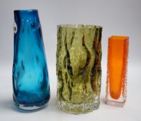 Three Whitefriars glass vases - a ‘Knobbly’ vase in kingfisher blue, a ‘Nailhead’ vase in