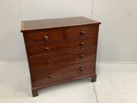 A George III satinwood banded mahogany five drawer chest, width 94cm, depth 55cm, height 89cm