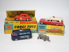 Three Corgi Toys including (256) Volkswagen 1200 in East African safari trim (with rhino and inner