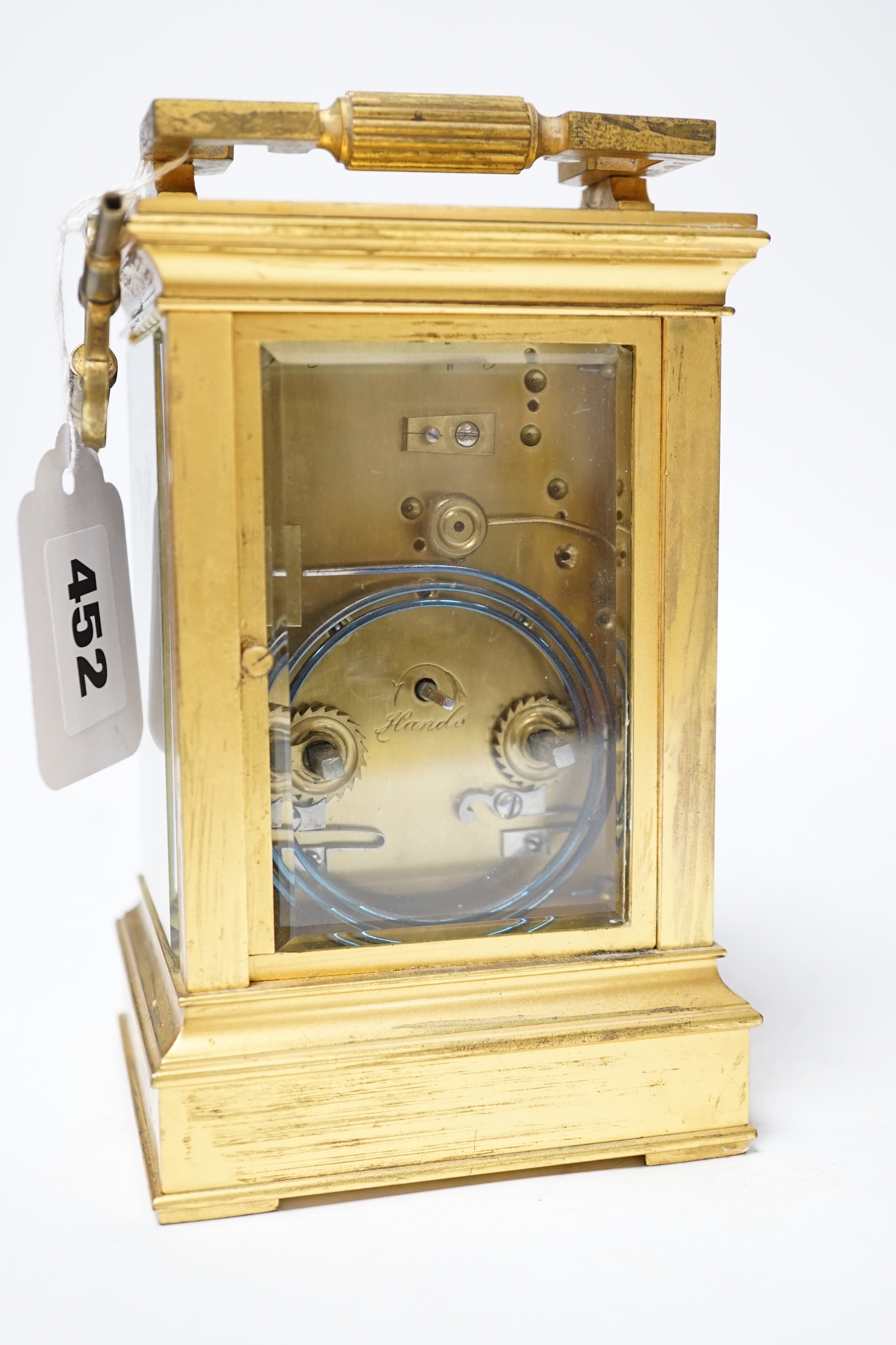 ** ** A late 19th century French gilt brass cased eight day repeating carriage clock with key, - Image 5 of 6