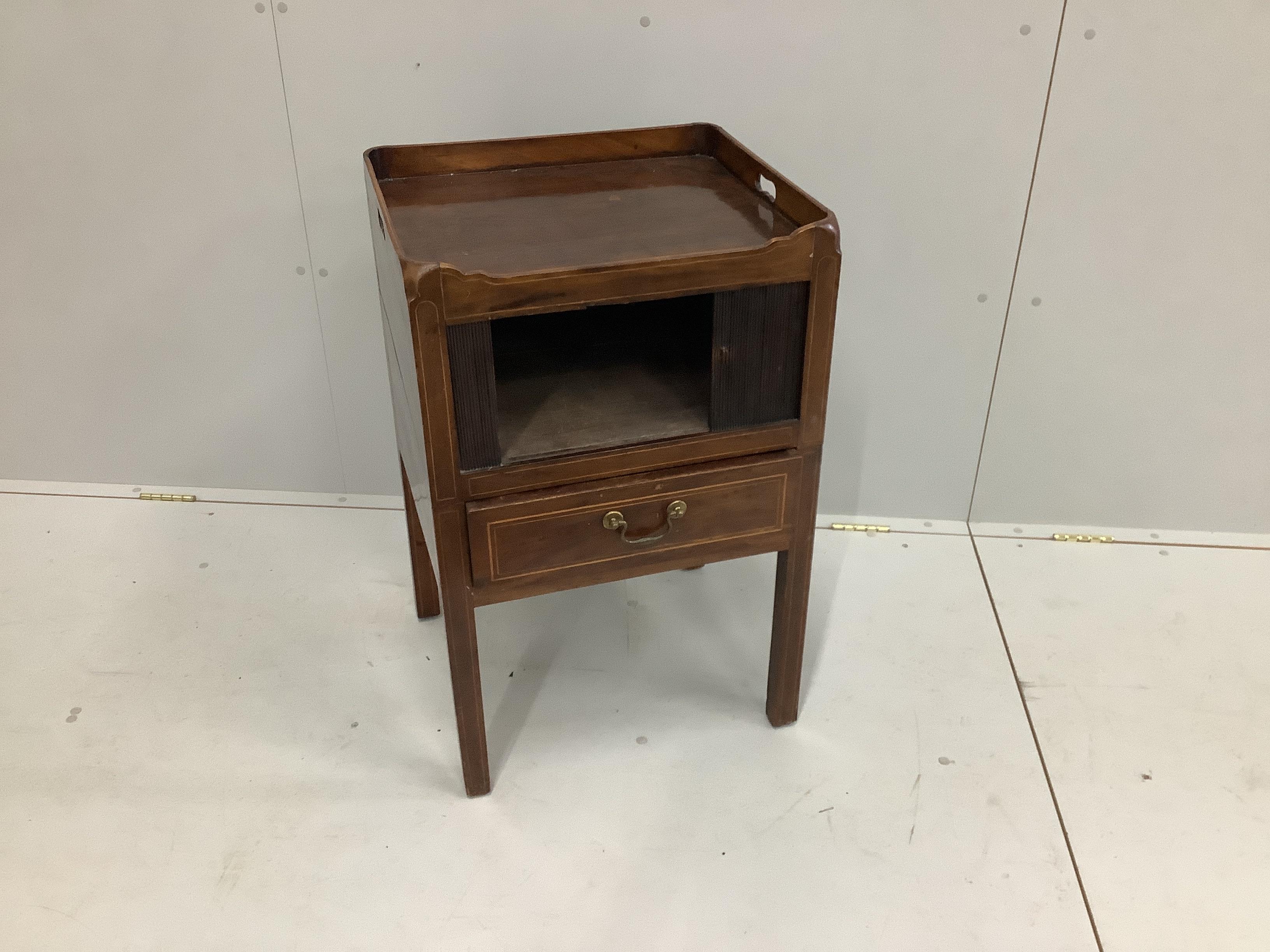 A George III mahogany tray top tambour bedside cabinet, width 51cm, depth 45cm, height 80cm