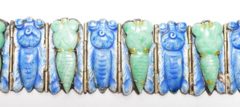 A Chinese gilt white metal, blue enamel and green hardstone set 'cicada' bracelet, 18cm.