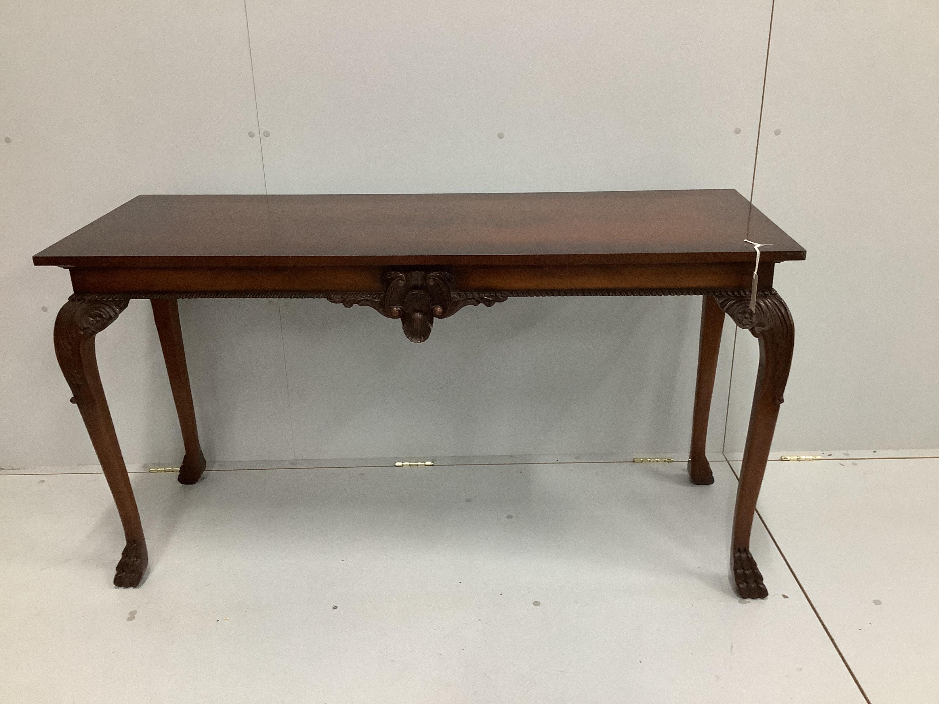 A reproduction George III style mahogany console table, with carved frieze, on cabriole legs, length - Image 2 of 2