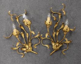 A pair two-light gilt twin branch wall sconces, 56cm high