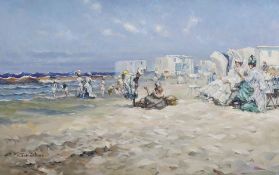 Sebastian, impressionist oil on canvas, Beach scene with figures, signed, 48 x 74cm