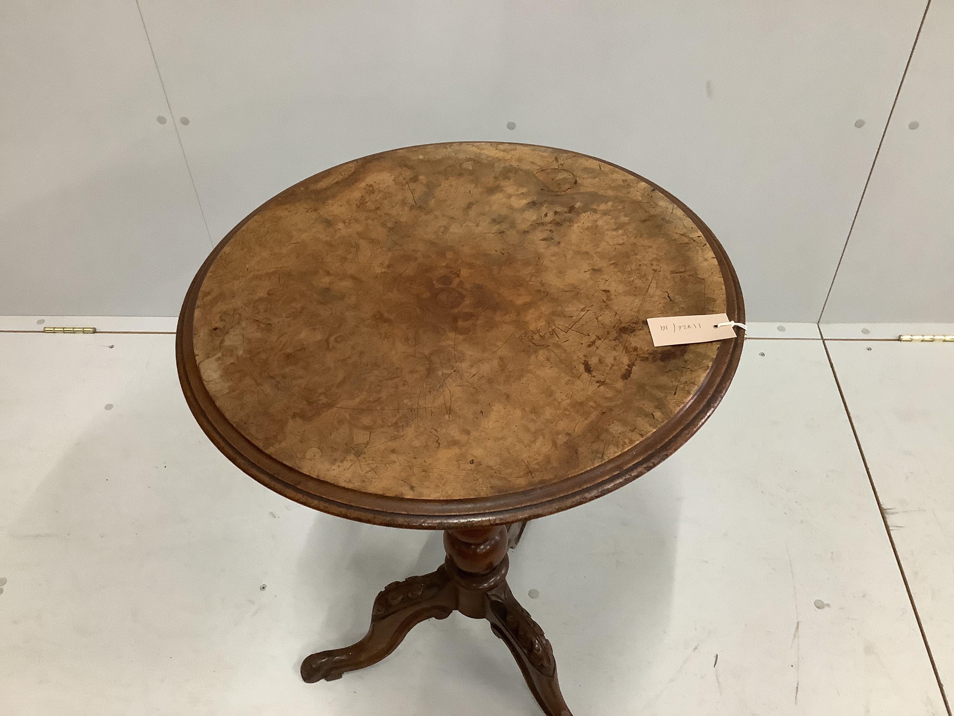 A Victorian circular burr walnut tripod wine table, diameter 52cm, height 71cm - Image 2 of 2