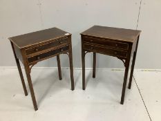 A pair of George III style mahogany two drawer bedside tables, width 50cm, depth 33cm, height 70cm
