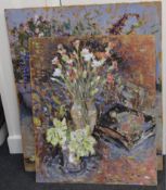 Michael John Baker (1928-2018), two oils on board, Still lifes of flowers, one signed, largest 71