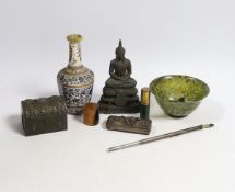 A Chinese hardstone bowl, a cast Buddha and five other items including a domed miniature chest,