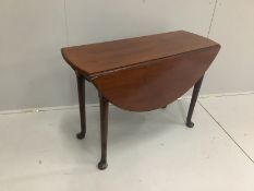 A George III mahogany oval pad foot drop leaf dining table, width 106cm, depth 110cm extended,