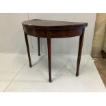 A George III banded mahogany D shaped tea table, width 99cm, depth 49cm, height 73cm