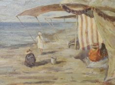 Spanish Impressionist School, oil on canvas, Beach scene with figures, indistinctly signed, 29 x