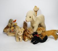 Seven Steiff 1950's animals and a Herman cat