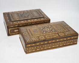 Two Damascus ware mother-of-pearl inlaid boxes, largest 29cm