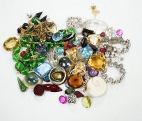 Assorted unmounted cut gemstones including rutilated quartz and other costume jewellery including