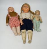 Three dolls including one by Kathe Kruse, original shirt, height 36cm, nose rubbed, one cloth