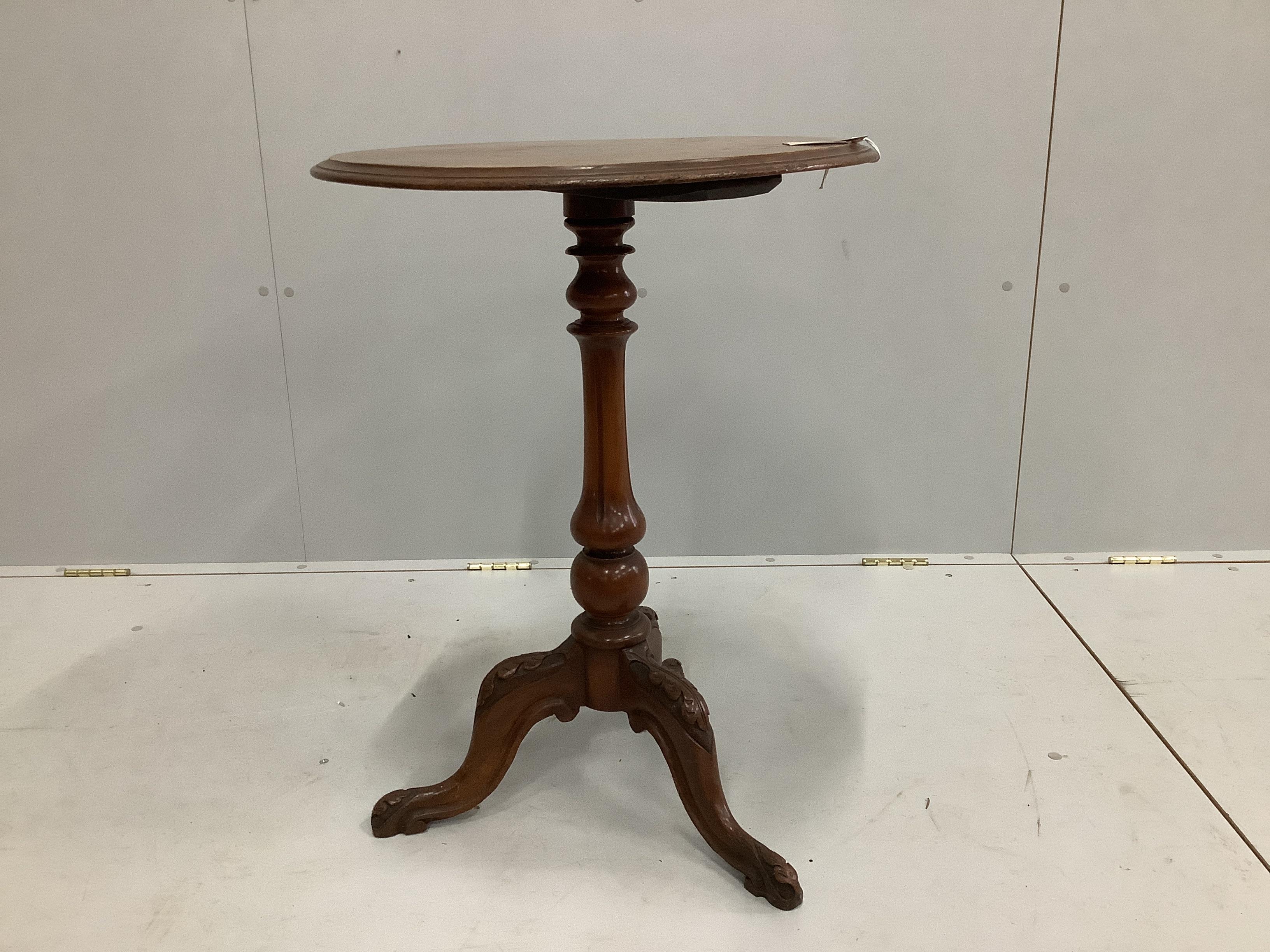 A Victorian circular burr walnut tripod wine table, diameter 52cm, height 71cm