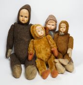 Four Teddy dolls with celluloid faces, c.1990