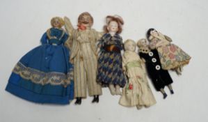 Six doll's house dolls, two c.1860 and a male figure with moustache, two other bisque later