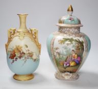 A Dresden vase and cover together with a Worcester vase , 1539 shape, tallest 27cm