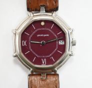 A gentleman's Swiss stainless steel Gerald Genta quartz octagonal wrist watch, with burgundy dial