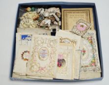 A collection of bisque miniature animals, shells and various Victorian Valentine and other greetings